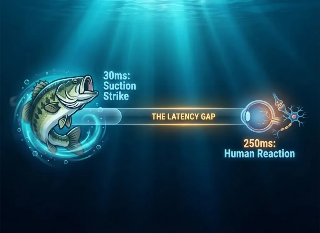 A stunning 3D infographic timeline comparing the ultra-fast 30ms suction feeding strike of a bass against the slower 250ms visual reaction time of a human, visually highlighting the impossible-to-beat latency gap.