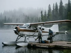 Best Alaska Fishing Lodges: Luxury vs Budget Anglers unloading gear from a floatplane at a remote Alaska fishing lodge during a misty morning.
