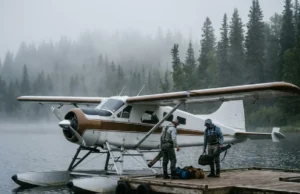 Best Alaska Fishing Lodges: Luxury vs Budget Anglers unloading gear from a floatplane at a remote Alaska fishing lodge during a misty morning.