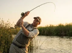 Best Carp Fishing Rods: Range & Sensitivity An angler performing a powerful overhead cast with a carp rod at sunset by a lake.