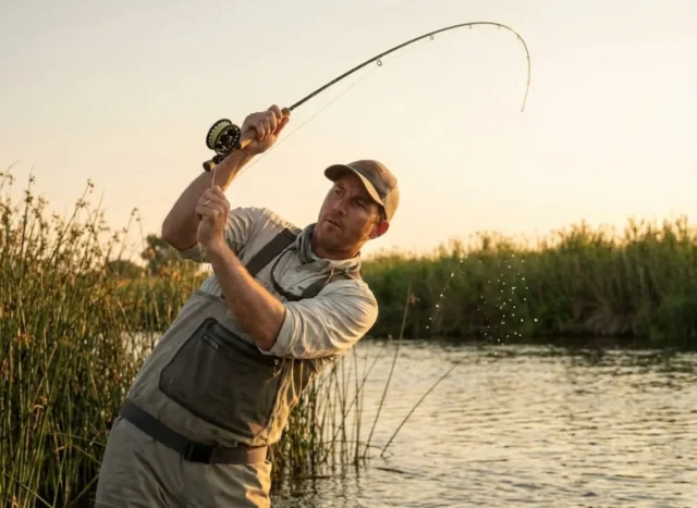 best-carp-fishing-rods-range-sensitivity An angler performing a powerful overhead cast with a carp rod at sunset by a lake.