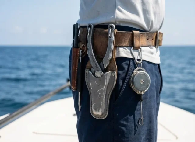best-dehooking-tools-safe-release Angler leaning over boat side using long-reach dehooking tool to release a fish in the water.