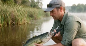 Best Digital Fish Scale Grip Without the Gimmicks Angler weighing a bass horizontally with a digital fish scale grip low over calm water
