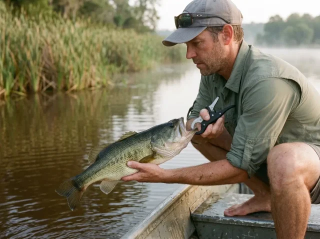 best-digital-fish-scale-grip-weigh-release Angler weighing a bass horizontally with a digital fish scale grip low over calm water