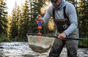 Best Digital Fish Scales: Grip & Weigh Angler standing in a river at sunrise weighing a trout inside a landing net using a digital scale.