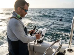 Best Downriggers for Trolling Depth Control An angler adjusting an electric downrigger on a boat during a sunrise trolling session in choppy water.