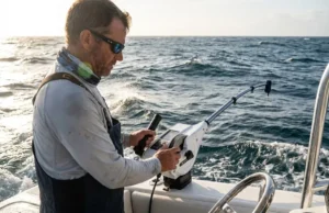 Best Downriggers for Trolling Depth Control An angler adjusting an electric downrigger on a boat during a sunrise trolling session in choppy water.
