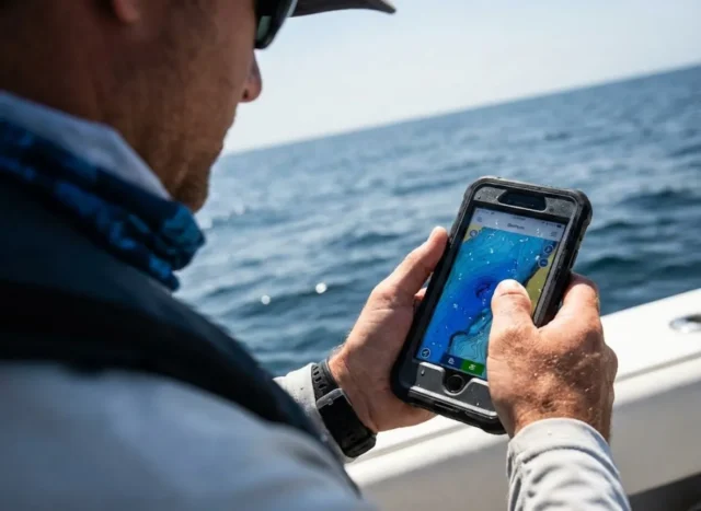 best-fishing-apps-gps-tides-maps Angler holding a rugged smartphone displaying bathymetric depth charts while fishing offshore.