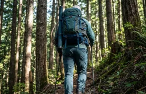 Best Fishing Backpacks: Hiking & Bank Anglers Angler hiking up a steep forest trail wearing a fully loaded fishing backpack with rod tube attached.