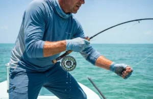 Best Fishing Gloves: Sun, Cold & Handling Close-up of an angler's gloved hands gripping a fishing rod tightly under bright sun.