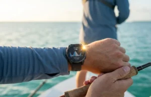 Best Fishing Watches with Solunar and Tide (Tested 2026) Close up of a pristine Garmin Fenix fishing watch on a professional angler's wrist during a golden hour sunrise on a boat.