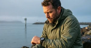 Best Fishing Watches for Tide and Solunar Bite Windows Angler checking a Casio Pro Trek tide and solunar watch on the wrist at the water's edge