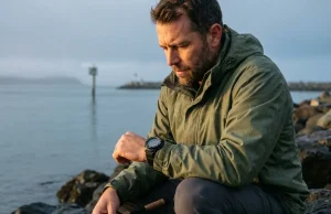 Best Fishing Watches for Tide and Solunar Bite Windows Angler checking a Casio Pro Trek tide and solunar watch on the wrist at the water's edge