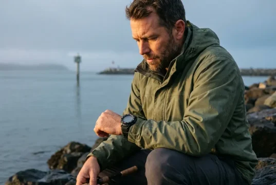 Best Fishing Watches for Tide and Solunar Bite Windows Angler checking a Casio Pro Trek tide and solunar watch on the wrist at the water's edge