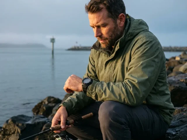 best-fishing-watches-tide-solunar-hero Angler checking a Casio Pro Trek tide and solunar watch on the wrist at the water's edge