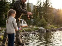 Best Kids Fishing Poles: Tangle-Free Picks A father and daughter fishing together at an alpine lake using a tangle-free kids fishing pole during sunset.