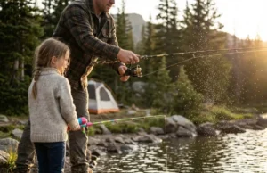 Best Kids Fishing Poles: Tangle-Free Picks A father and daughter fishing together at an alpine lake using a tangle-free kids fishing pole during sunset.