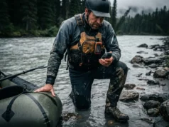Best Marine GPS Units: Navigation & Charts A packrafter standing in knee-deep water checking a handheld GPS unit before hiking inland.