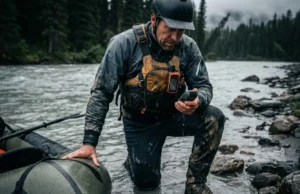 Best Marine GPS Units: Navigation & Charts A packrafter standing in knee-deep water checking a handheld GPS unit before hiking inland.