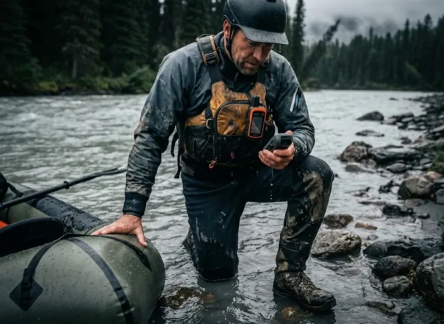 best-marine-gps-units-navigation-hero A packrafter standing in knee-deep water checking a handheld GPS unit before hiking inland.