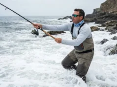 Best Surf Fishing Rods: Distance & Power A dedicated angler standing in rough surf casting a heavy lure with a long travel rod, with a hiking backpack visible on the shore in the background.