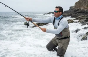 Best Surf Fishing Rods: Distance & Power A dedicated angler standing in rough surf casting a heavy lure with a long travel rod, with a hiking backpack visible on the shore in the background.