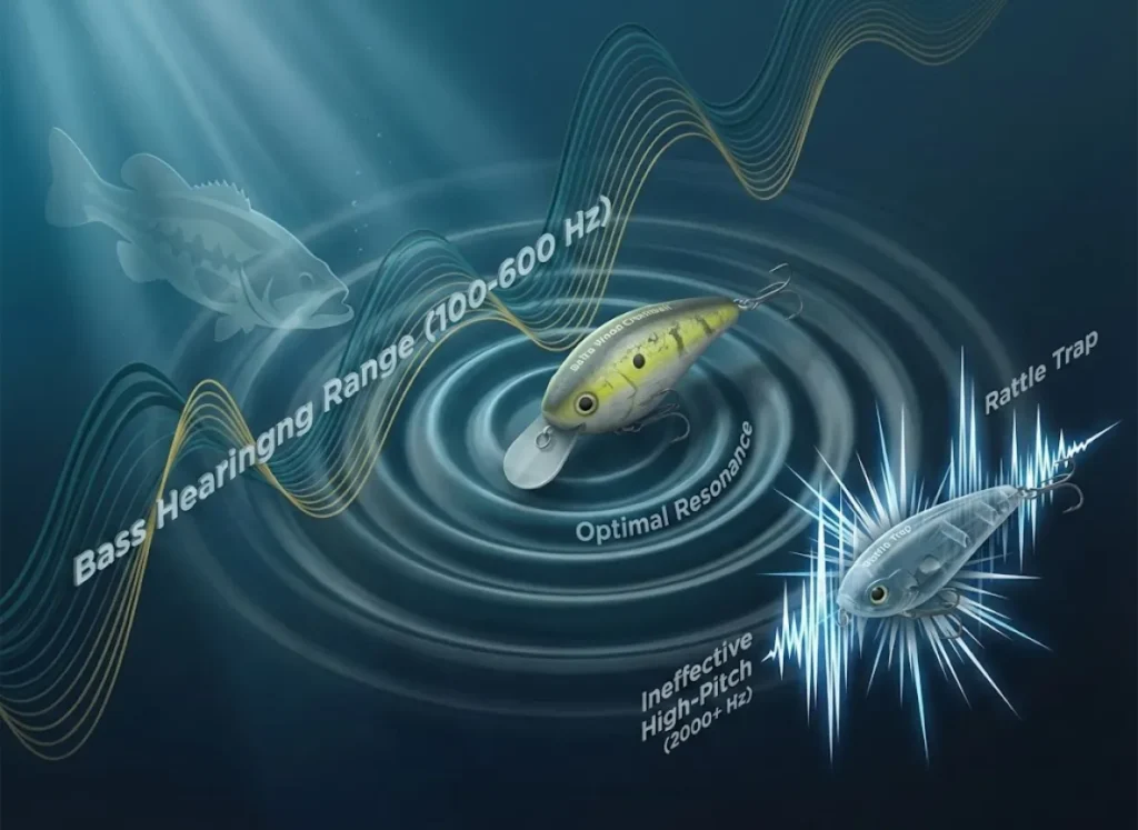 A stunning 3D underwater infographic illustrating the Biological Acoustic Match (BAM) theory. It visualizes the low-frequency hearing range of a bass fish compared to the high-frequency noise of standard lures, highlighting the effectiveness of deep resonance.