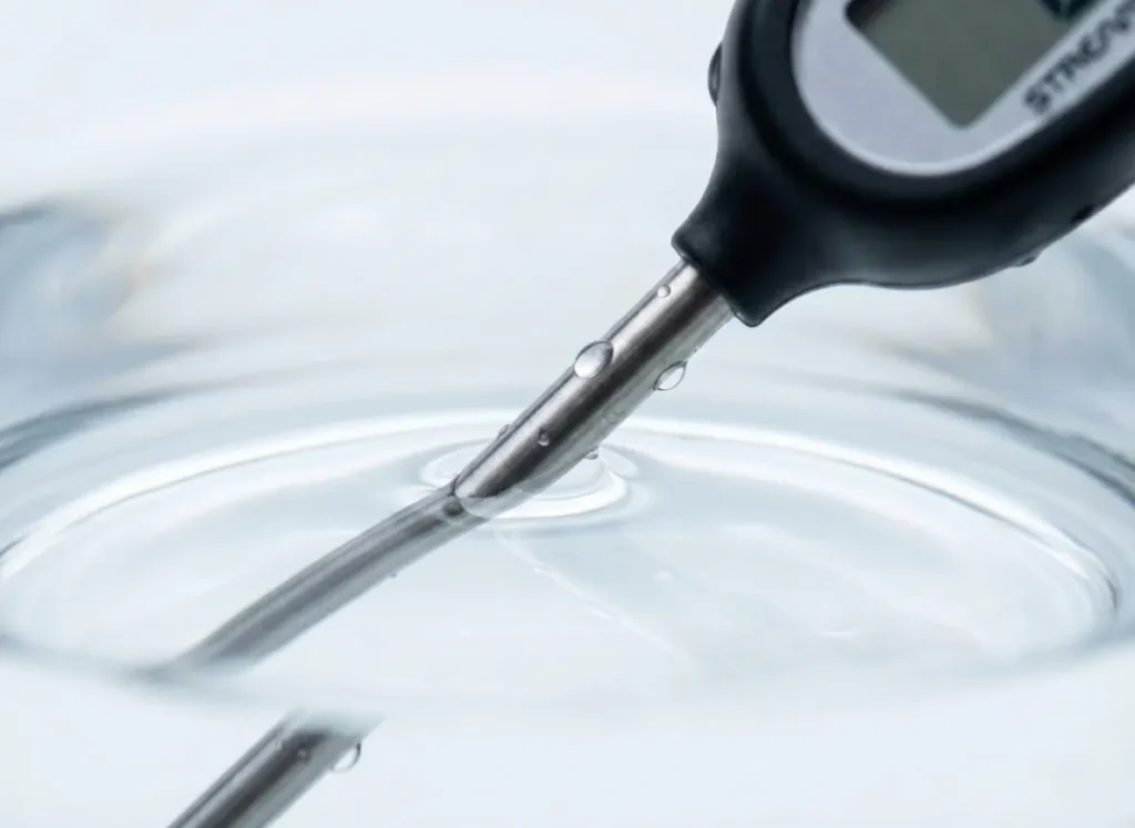Macro photography of a stainless steel thermometer probe breaking the surface tension of water, representing the connection between temperature and fish biology.