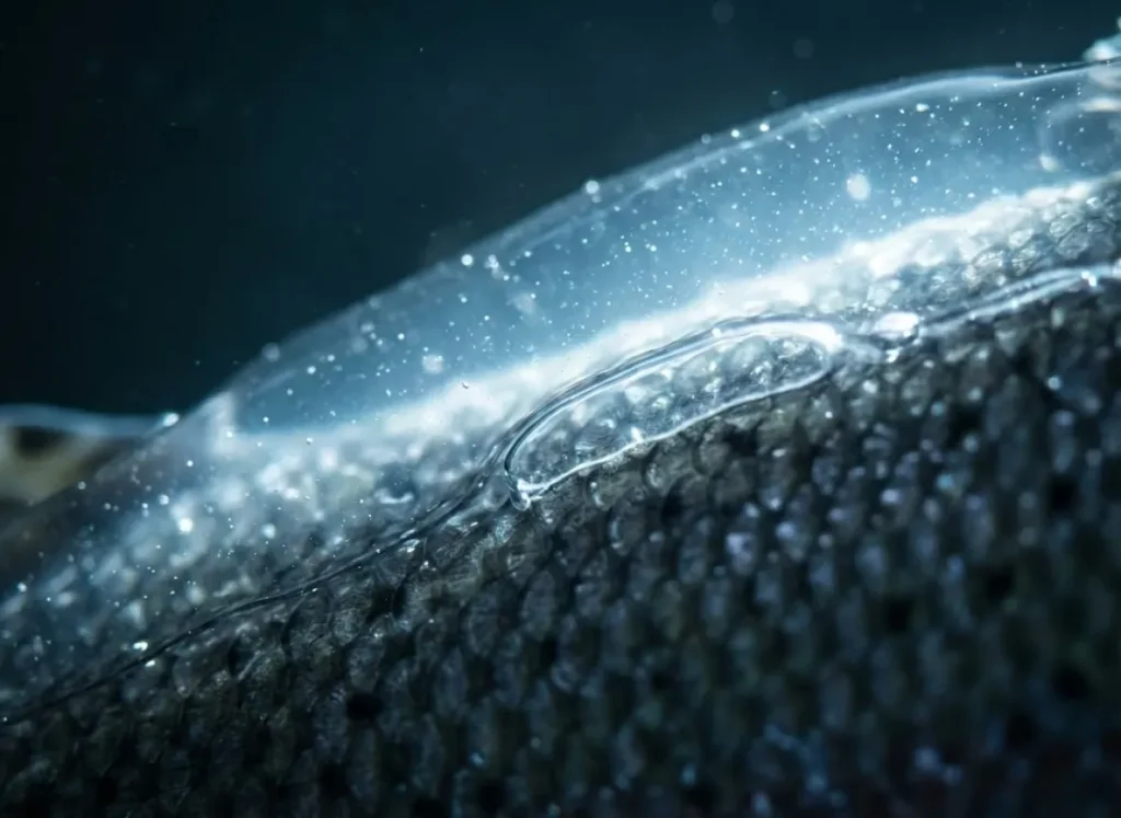 Macro photography of a trout's scales underwater, clearly showing the thick, protective mucin hydrogel layer glowing in the light.