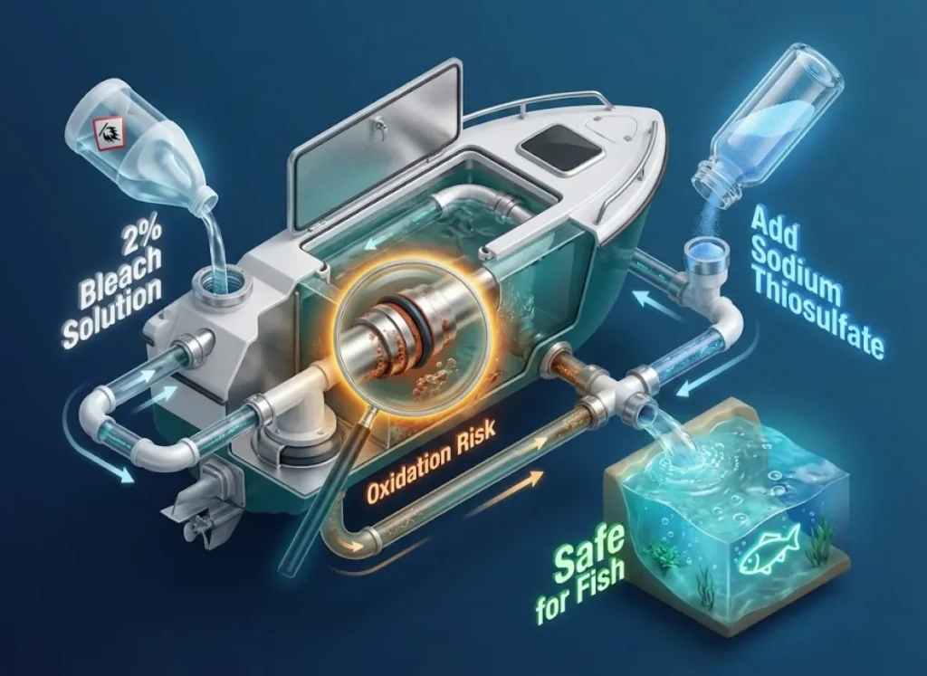 A premium 3D isometric infographic illustrating the safe use of bleach for boat cleaning. It visualizes a three-step process: mixing a 2% solution, the risk of corrosion on aluminum parts, and the crucial step of neutralizing with Sodium Thiosulfate to ensure fish safety.