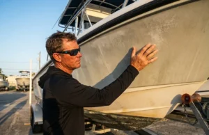 Boat Hull Oxidation Restoration: The Angler’s Guide Angler in a Simms hoodie inspecting the oxidized hull of a Boston Whaler boat in a boatyard at sunset.