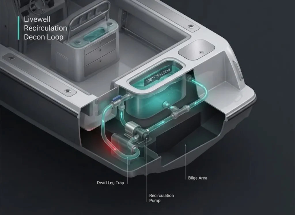 A technical cross-section diagram of a fishing boat's transom, illustrating the livewell recirculation cleaning process. The cutaway view reveals the internal plumbing, pumps, and bilge area, highlighting the flow of hot water through the system to eliminate invasive species.