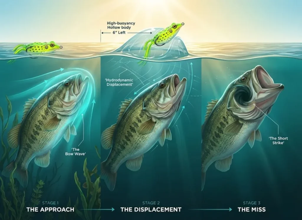 A three-stage semantic infographic explaining the physics of a missed topwater strike. It illustrates a largemouth bass approaching a buoyant frog lure, showing how the 'Bow Wave' pressure pushes the lure away before the 'Suction Vacuum' can engage, resulting in a short strike.