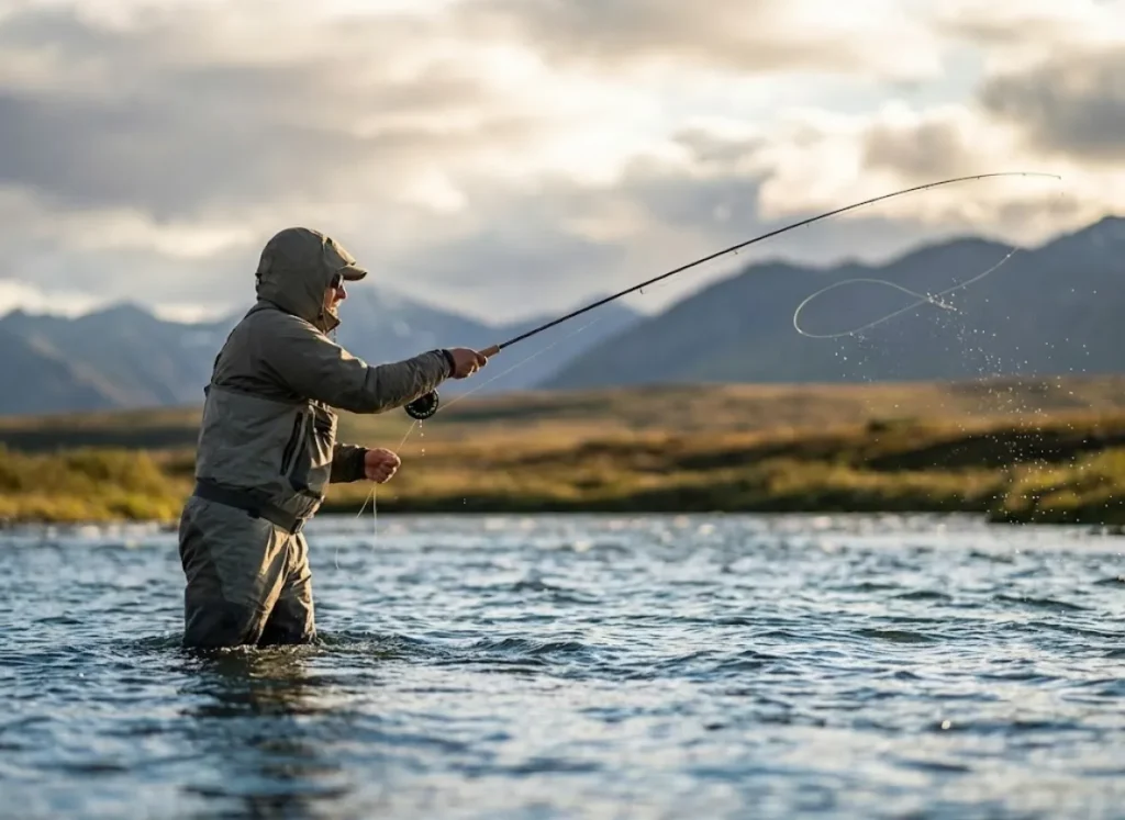 A fly fisherman wading in an Alaskan river casting a Spey rod for salmon.
