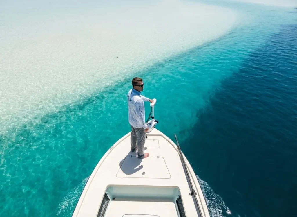 High-angle shot of an angler on a boat bow moving over clear water, transitioning from shallow sand to deep blue water.