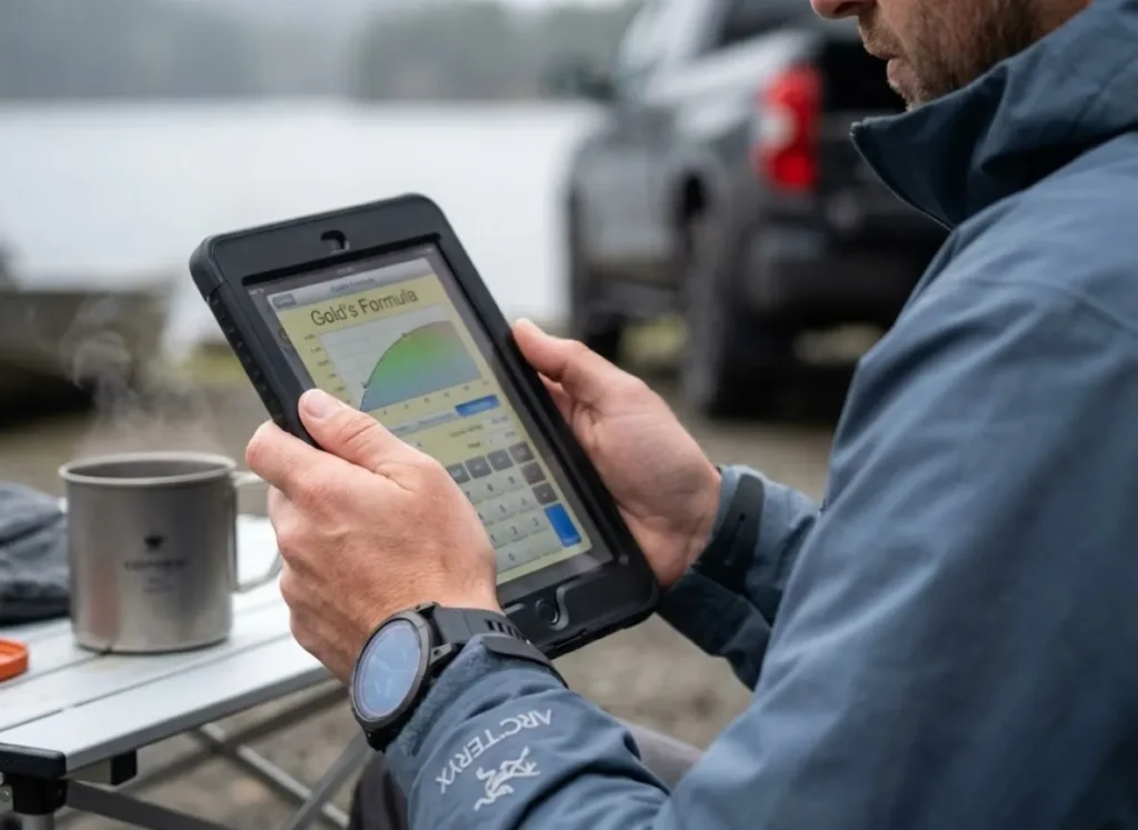 Angler using a digital tablet to calculate ice bearing capacity using Gold's Formula on a frozen lake.