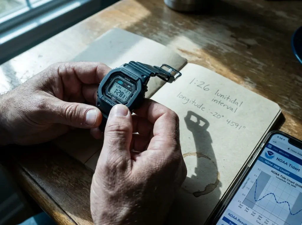 Close-up of setting the lunitidal interval on a Casio G-Shock tide watch before a trip