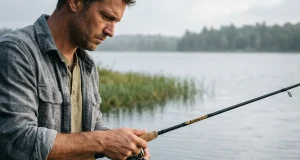 Is Higher Carbon Rod Modulus Better? Not Really Angler feeling a bite on a carbon fiber modulus fishing rod on a gray morning bank