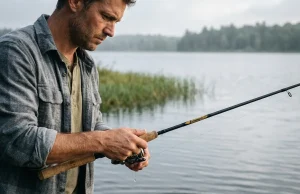 Is Higher Carbon Rod Modulus Better? Not Really Angler feeling a bite on a carbon fiber modulus fishing rod on a gray morning bank