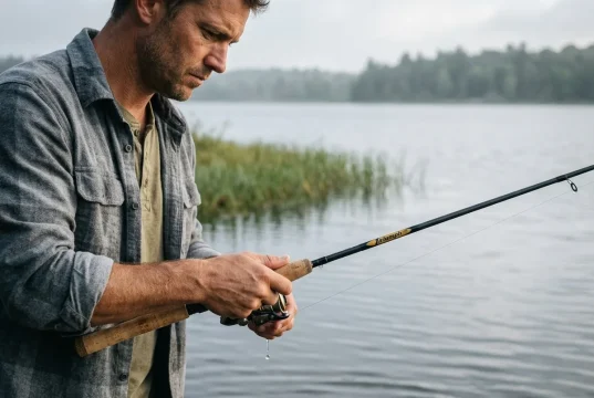 Is Higher Carbon Rod Modulus Better? Not Really Angler feeling a bite on a carbon fiber modulus fishing rod on a gray morning bank
