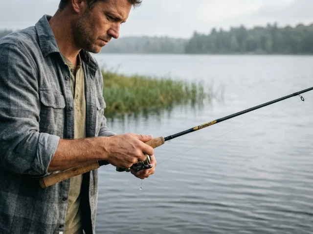carbon-fiber-modulus-fishing-rod-hero Angler feeling a bite on a carbon fiber modulus fishing rod on a gray morning bank