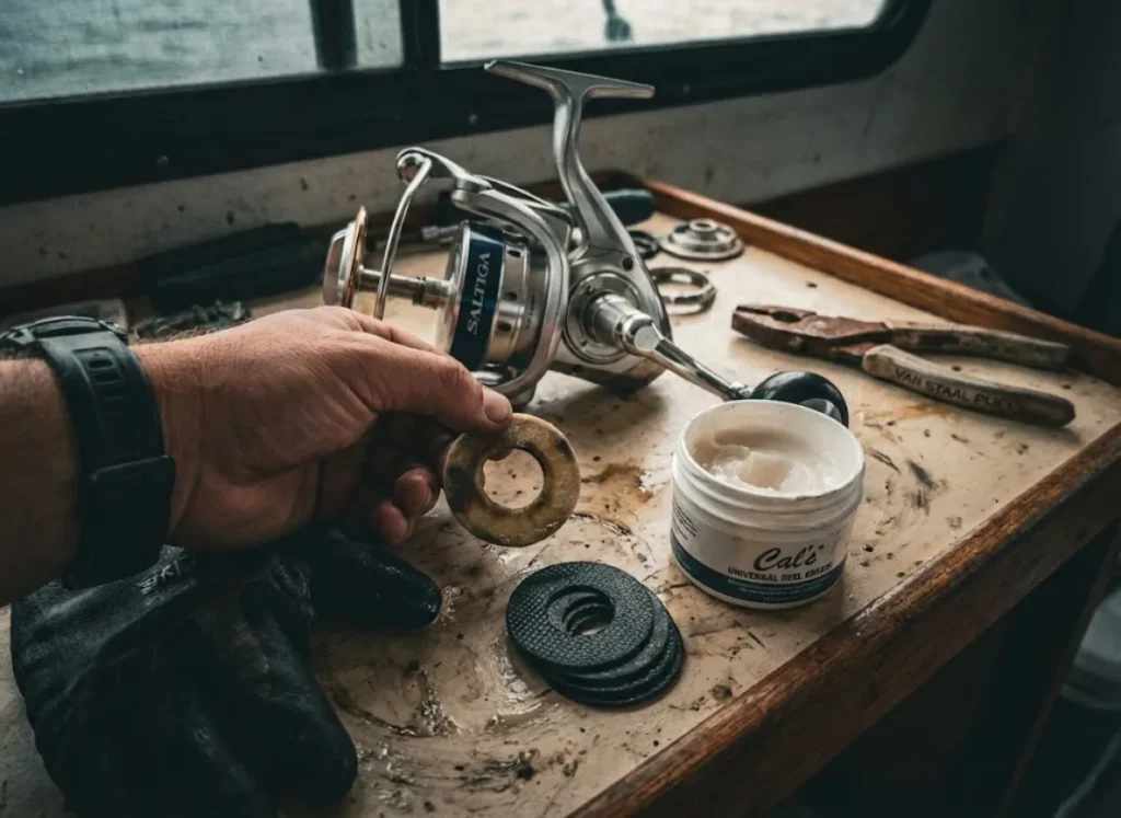 A disassembled Daiwa Saltiga reel on a workbench showing Carbontex carbon fiber drag washers next to worn felt washers and Cal's grease.