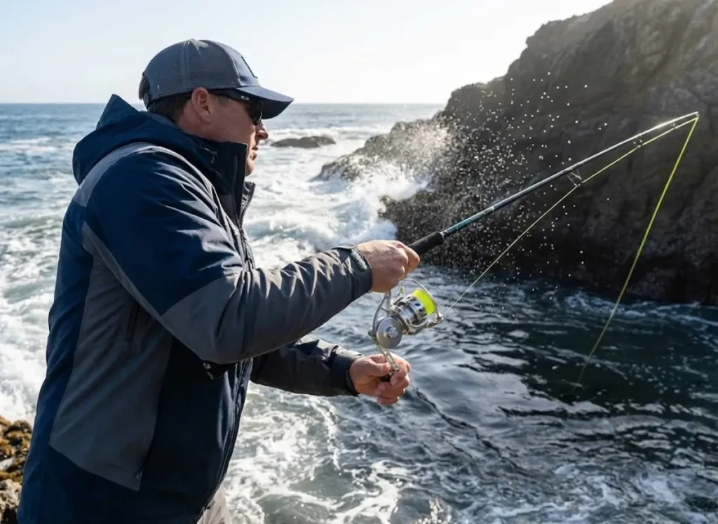Side profile of an angler casting a Van Staal reel, targeting a dark channel of deep water located between two sandbars.