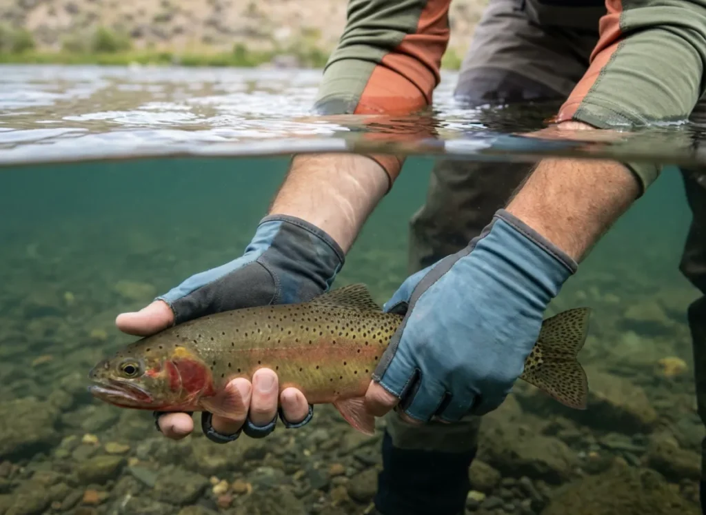 Underwater view of a Cutthroat trout being gently released with wet hands in a high alpine stream.