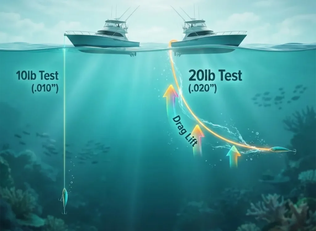 A scientific infographic comparison showing two fishing lures at different depths. The thin line creates a shallow curve and a deep lure, while the thick line creates a large 'Catenary Curve' and a shallow lure due to hydrodynamic drag lift.