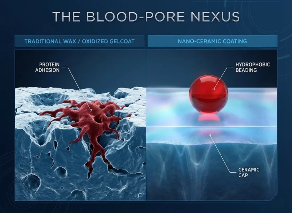 A microscopic cross-section comparison diagram titled "The Blood-Pore Nexus." The left side shows a rough, oxidized gelcoat surface with red protein chains sticking into pores. The right side shows a smooth, ceramic-coated surface where blood droplets bead up on top of a protective glass-like layer.