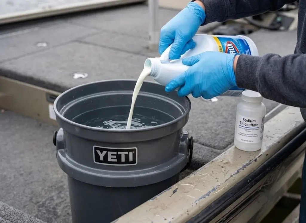 Hands in nitrile gloves mixing decontamination solution in a Yeti LoadOut bucket on a boat deck.