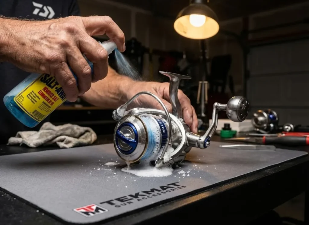 Applying Salt-Away solution to a Daiwa Saltiga fishing reel on a workbench to dissolve salt and pathogens.