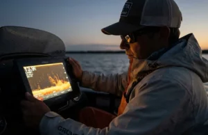 CHIRP Sonar Frequencies Explained: Depth & Species Angler looking at Garmin GPSMAP sonar screen in low light wearing Grundens gear.