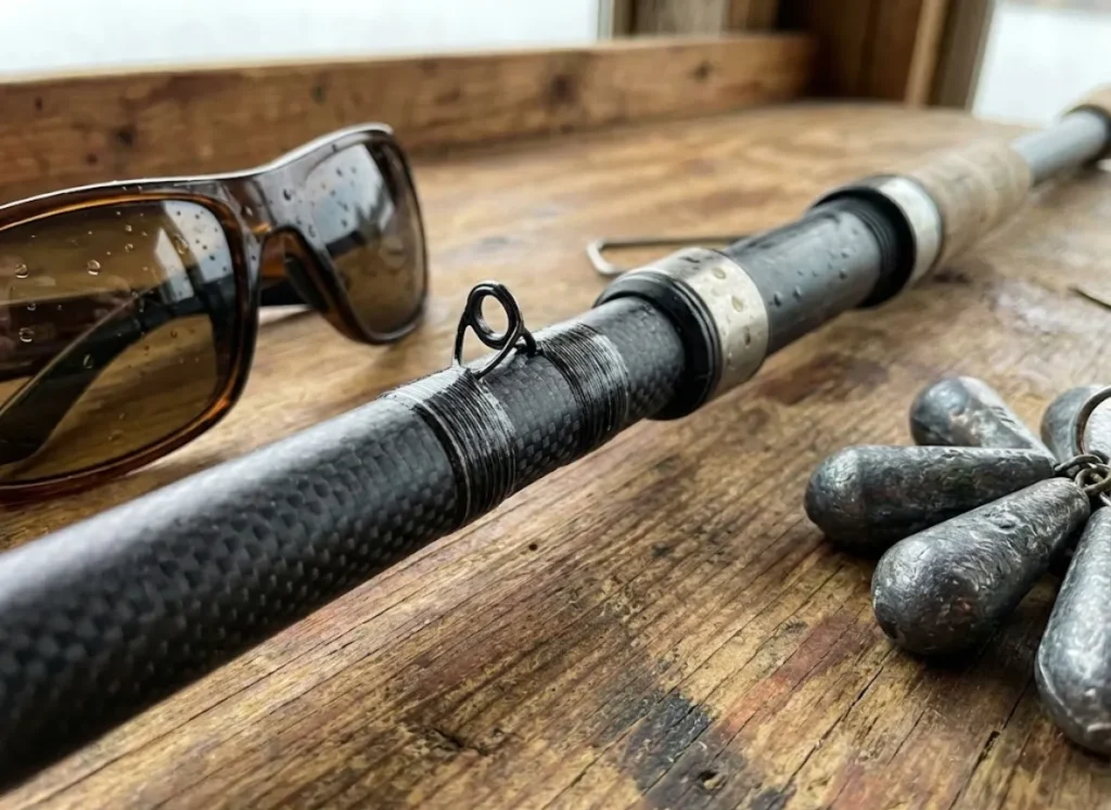 Close-up detail of the carbon fiber weave and guides on a professional carp fishing rod.